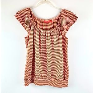 ELLE | 🔥Burnt Sienna Striped Fabric Flowers Ruffled Blouse Top